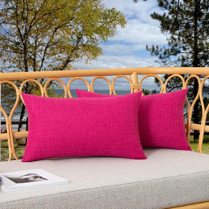 Kevin Textile Outdoor Waterproof 14”x24” Pillow Covers 2 Pack, Hot Pink | Water Resistant, Soft Faux Linen-cotton Yarn-dyed Woven Texture Throw Pillow Covers for Tent Patio Garden Couch Sofa