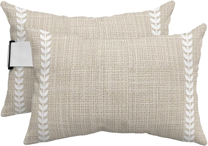 Modern Minimalist Outdoor Lumbar Pillows 12x20 Set of 2, Country Farmhouse Simple Stripes Art Beige Waterproof Throw Pillow Covers with Insert, Decorative Support Pillows for Lounge, Chaise