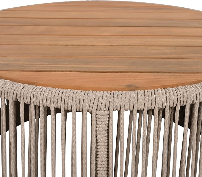 Christopher Knight Home Peyz Acacia Wood Outdoor Side Table Set of 2 with Woven Rope Design, Patio Round Coffee Table Set with Small Side Desk, Functionality Stylish 2 Tables for Garden, Teak + Beige
