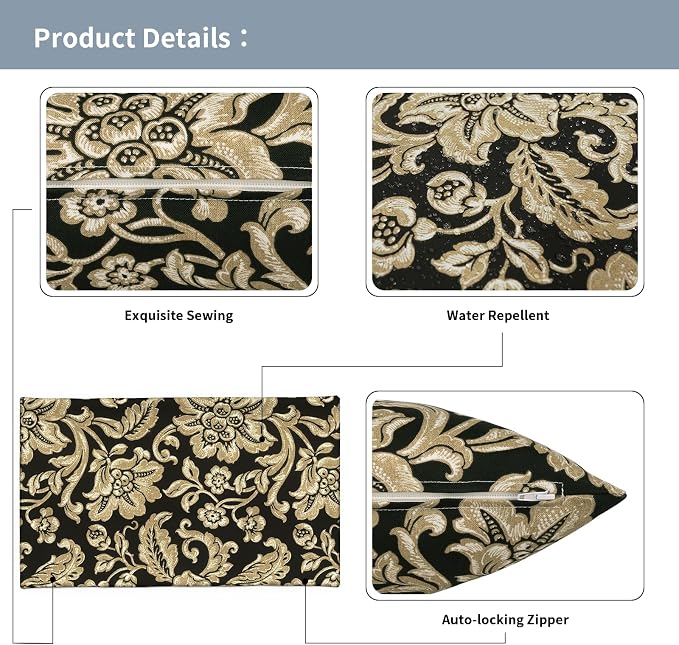 12x20 Inch Lumbae Pillow Covers, Rectangle Waterproof Throw Covers Set of 2, Decorative Patio Furniture Cushion Cases for Porch Garden, Jacobean Black