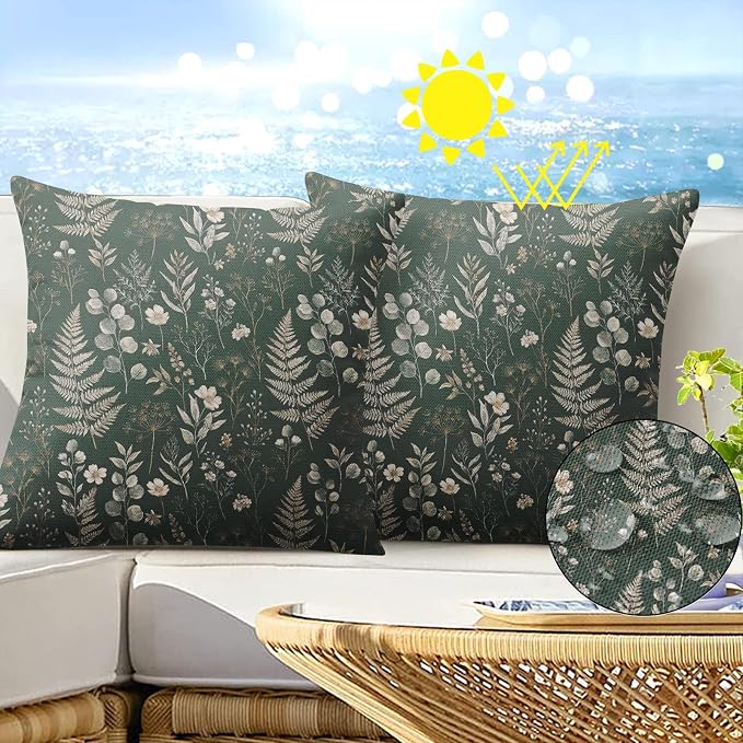 Throw Pillow Covers, Wildflower Eucalyptus, 18 x 18 Inch, Set of 2 | Cottagecore Farmhouse Garden Green Waterproof Outdoor Square Cushion Case Pillowcase for Couch Beach Patio