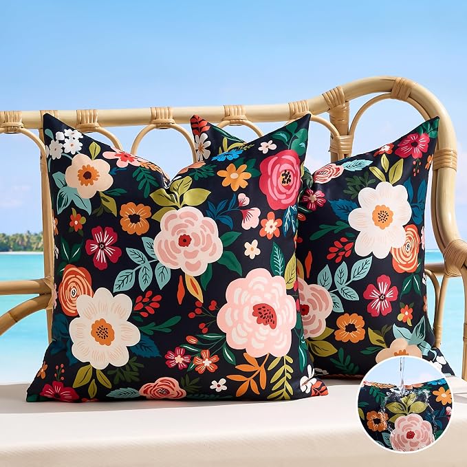 Outdoor Waterproof Pillow Covers Decorative Black Floral Pillow Covers Summer Accent Square Couch Covers Garden Farmhouse Throw Cushion Cases 20x20 Inch Set of 2 for Patio Tent Balcony Bench Sofa