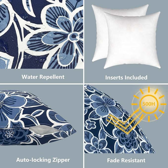 LVTXIII Outdoor Throw Pillows, Decorative Throw Pillows with Inserts, 20"x20" Square Pillows for Bed, Couch, Sofa and Patio Furniture, Set of 2, Flower Navy