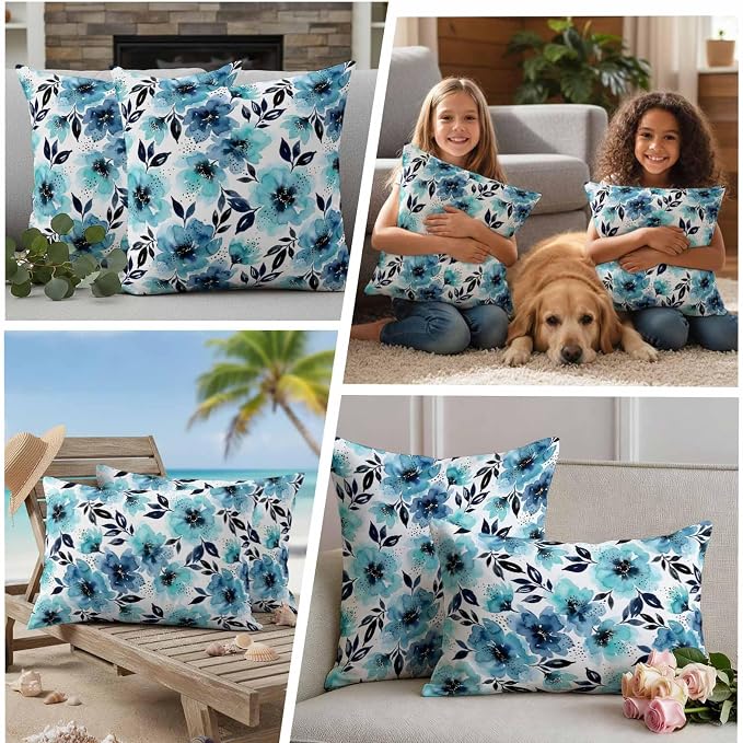 Botanical Floral Leaves Outdoor Waterproof Pillow Covers Pack of 2, Watercolor Painting Blue Gradient Blooms Throw Pillowcases Decorative Cushion Covers for Garden Patio Tent Sofa Couch, 26x26 inch