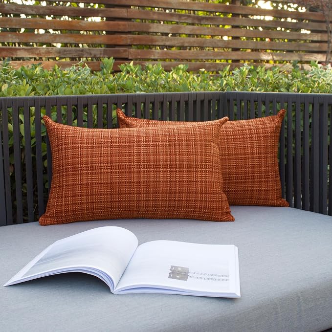 Kevin Textile Outdoor Waterproof 12"x20" Pillow Covers 2 Pack, Burnt Orange | Fall Water Resistant, Faux Linen Yarn-dyed, Woven Texture Throw Pillow Covers for Tent Patio Garden Couch Sofa