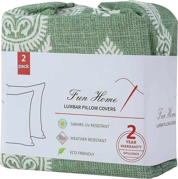 FUNHOME Outdoor Lumbar Pillow Covers 12X20 Inch, No Insert-Fair Green | Patio Lumbar Cases Pack of 2, Water-Repellent, Throw Pillowcase for Couch Garden Furniture