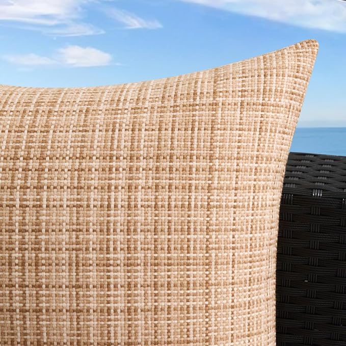 UGASA Outdoor Waterproof Throw Pillow Covers Pack of 2 Patio Water Resistant Pillow Cases Summer Woven Texture Decorative for Outside Garden Porch Yard Bench Tent 18x18 Inch, Beige