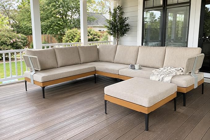 PURPLE LEAF Patio Furniture Set Outdoor Sectional Sofa with Cushions and Pillows Wicker L-Shaped 7 Pieces Aluminum Conversation Sets with Ottoman for Balcony Yard Garden Poolside, Oatmeal Greige
