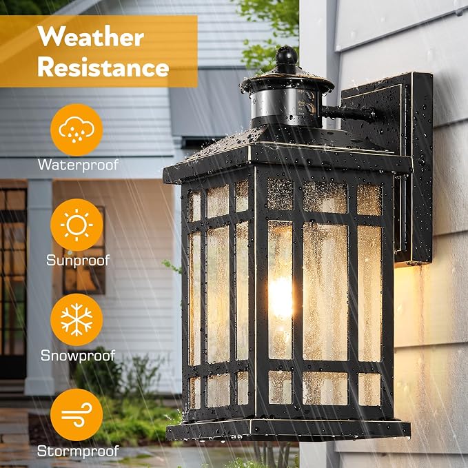 Distance-Adjustable Outdoor Lights for House, Modern Black Motion Sensor Outdoor Light with Gold Trim, Waterproof Dusk to Dawn Exterior Lighting Fixtures, Anti-Rust Outdoor Lanterns for Porch, Garage