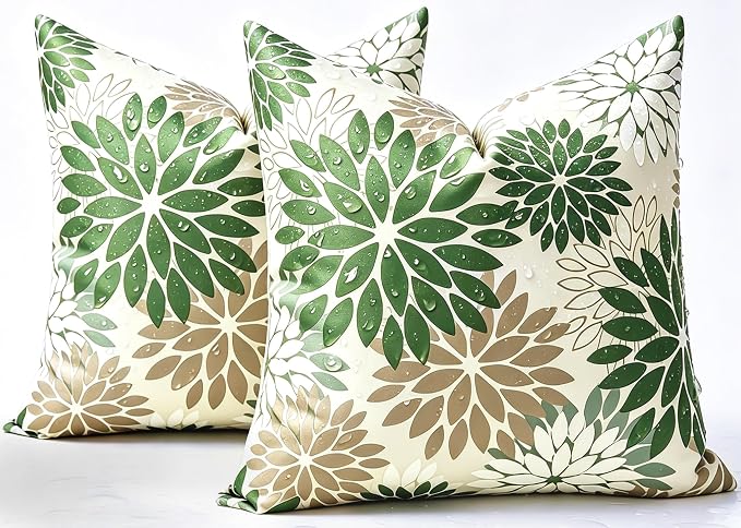 Decorative Outdoor Waterproof Throw Pillow Covers 20×20 Inch Set of 2 Green and Grey Decorative Pillow Case Dahlia Flowers Cushion Covers Spring Summer for Garden Patio Living Room