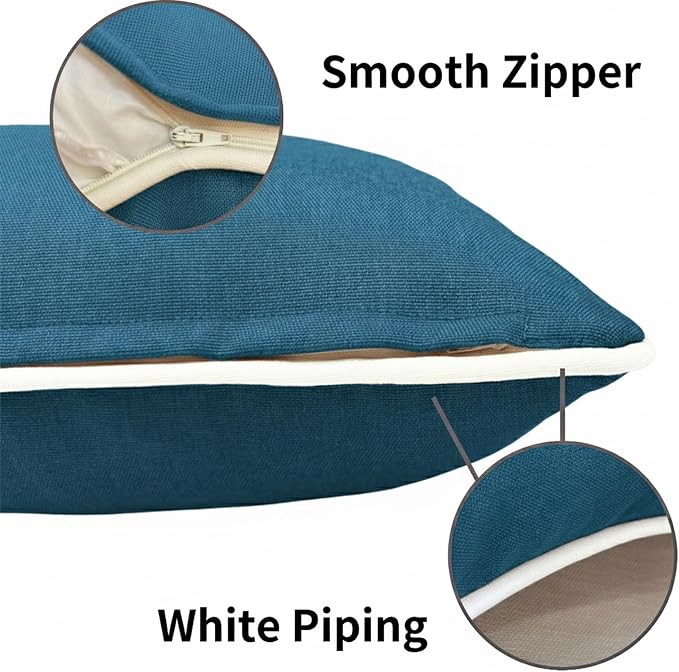 HER HWA Outdoor Lumbar Pillow Covers 20"x12" Set of 2, Lake Blue | durable fade-resistant water-resistant 100% polyester white piping smooth zipper machine washable for indoor outdoor décor