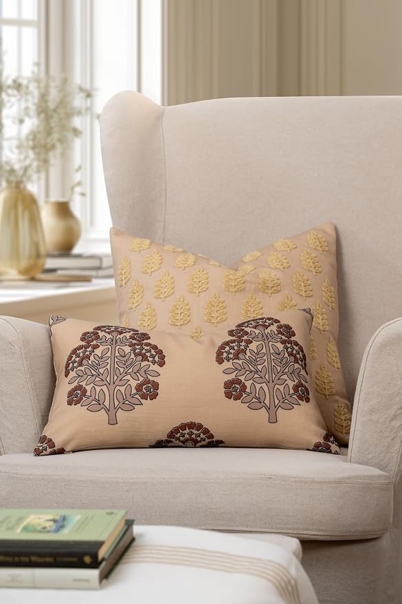 Crumbs Home Modern Farmhouse California Casual Indoor Outdoor Lumbar Pillow Cover, 12"x20" Water Repellent for Patio, Backyard, Couch, Earth Tone Tan Rust Orange Block Print Hydrangea Flowers