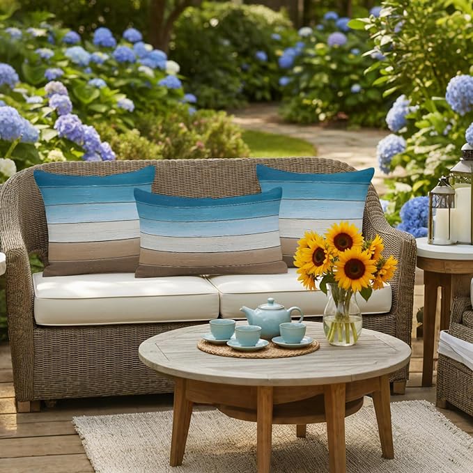 Blue Beige Brown Outdoor Pillow Covers 20x20 Inch Throw Pillow Covers Set of 2 Waterproof Decorative Pillow Cases Country Retro Gradient Wooden Grain Cushion Covers for Patio Furniture Garden Couch