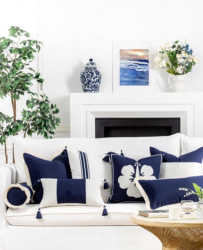 Hofdeco Premium Coastal Patio Outdoor Performance Lumbar Pillow Cover Only, 12"x20" Water Repellent, UV and Fade Resistant for Backyard, Couch, Dark Navy Blue Color Block with Tassels