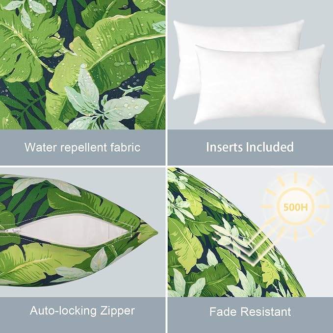 LVTXIII Set of 2 Patio Lumbar Pillows, 12" x 20" Fade Resistant Outdoor Lumbar Pillow with Inners, Fluffy Decorative Garden Lumbar Cushions for Home Patio Coach Sofa Use, Jungle Leaves