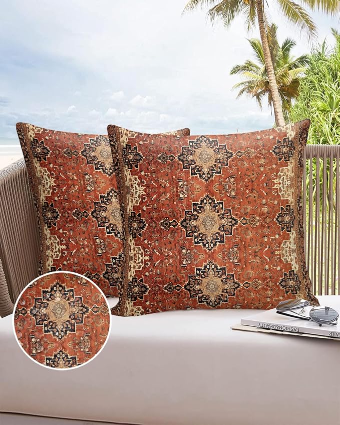 Southwest Outdoor Pillow Covers Waterproof, All Weather Cushion Case Set of 2, Geometric Stripe Boho Native Flower Print Decorative Pillowcases for Sofa Couch Bed Decor Patio Furniture 20"x20"