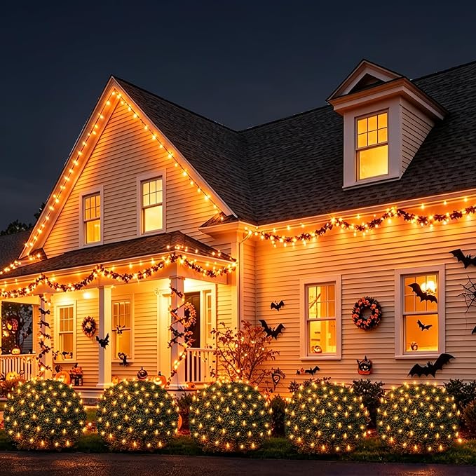 120LED Halloween Net Lights Outdoor, 5ft x 6ft Connectable Mesh Lights, 8 Modes 3.5V Low Voltage Waterproof Bush Lights for Trees, Bushes, Wedding, Party Decor (Orange, 1Pack)
