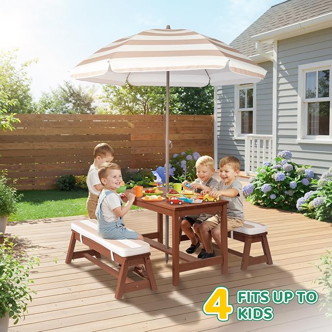 JOYMOR Kids Picnic Table Outdoor Wooden Table & Bench with Adjustable Umbrella, Picnic Table Set w/Removable Cushions for Backyard, Patio, Garden, Indoor(Walnut)