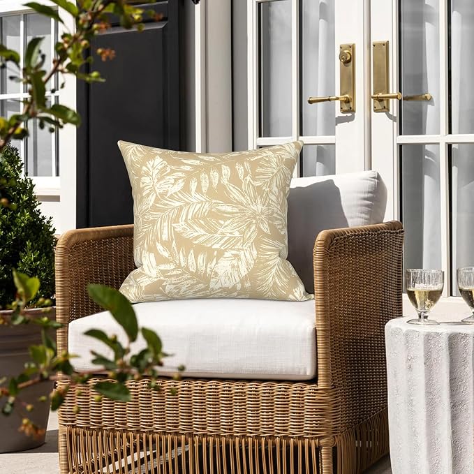 LVTXIII 2 Pack Outdoor Pillows 18x18 Inch, Square Throw Pillows with Inserts, Decorative Water-Repellent Pillow Cushions for Patio Furniture and Garden Sofa, Tropical Leaf Oat
