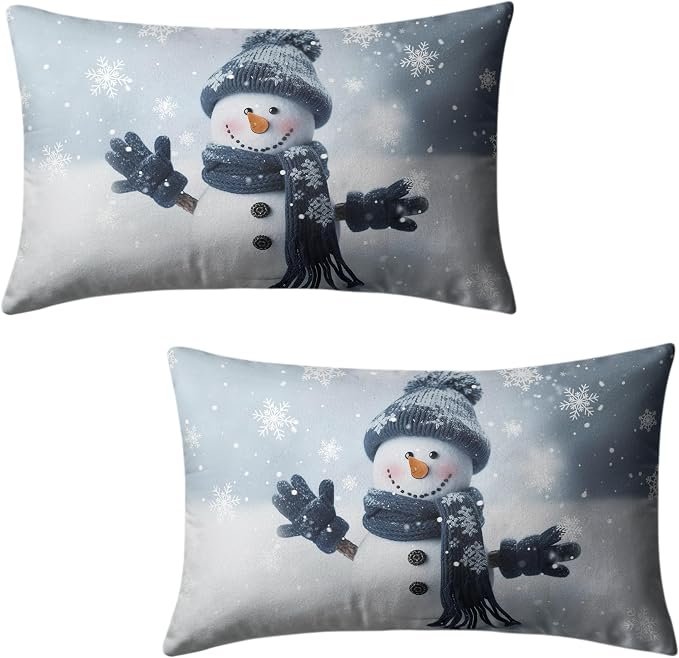 Navy Blue Snowman Lumbar Pillow Covers 12x20 Set of 2 Winter Holiday Rectangle Throw Pillow Covers Snowman Snowflakes Waist Cotton Blend Pillow Case for Christmas Decor Couch Living Room