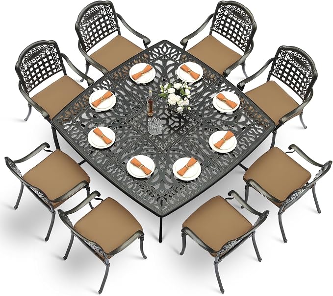 VIVIJASON 9-Piece Outdoor Dining Set, Cast Aluminum Retro Patio Furniture Table and Chairs Set for 8, Include Large 64" Square Dining Table and 8 Chairs with Umbrella Hole for Balcony Garden, Khaki