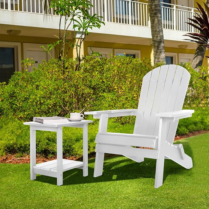 Meluvici Double Adirondack Outdoor Side Table Weather Resistant, Patio Rectangular End Table for Adirondack Chair, White