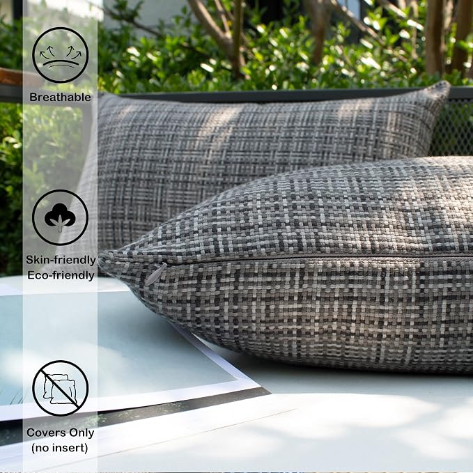 Kevin Textile Outdoor Waterproof 18x18 Inch Pillow Covers 2 Pack, Grey | Water Resistant, Faux Linen Yarn-dyed, Woven Texture Throw Pillow Covers for Tent Patio Garden Couch Sofa