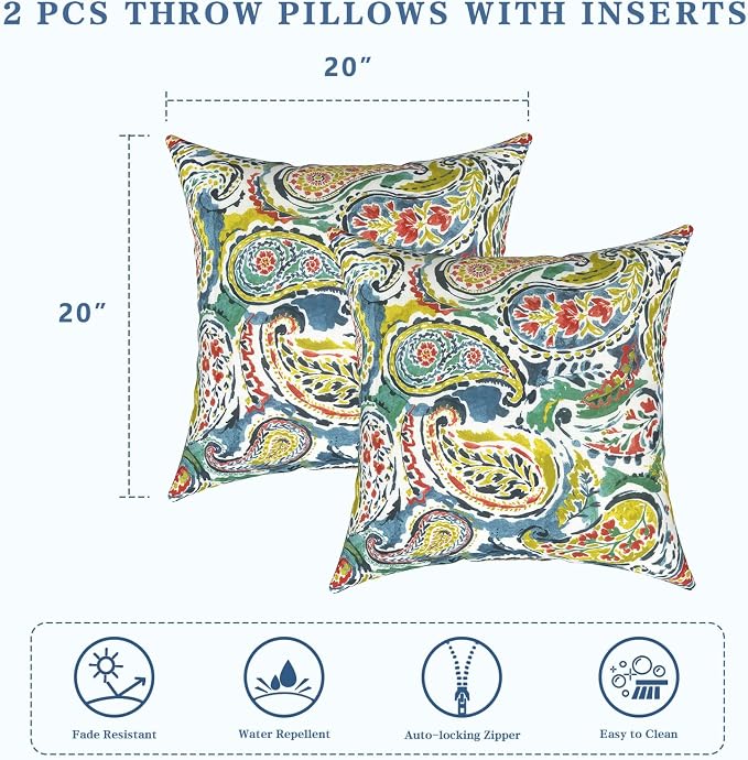 LVTXIII Outdoor Pillows 20x20 Inch, 2 Pack Large Decorative Square Throw Pillows with Inserts for Couch, Bed, Floor Seating, Patio Furniture, Paradise Paisley