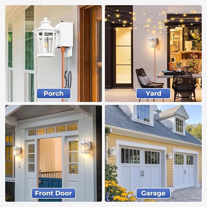 Gleamz Outdoor Wall Lights with GFCI Outlet, White 2-Pack Exterior Lighting Fixtures with Dusk to Dawn Sensor, Porch Light with Outlet Wall Mount, Waterproof Front Door Light Fixture Outdoor