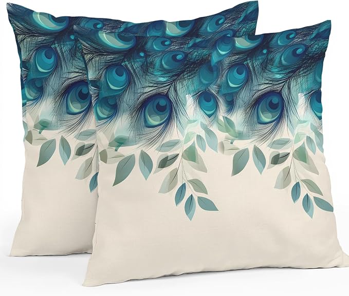 Teal Turquoise Outdoor Pillow Covers 18x18 Inch Throw Pillow Covers Set of 2 Waterproof Decorative Pillow Cases Peacock Feathers Aesthetics Eucalyptus Cushion Covers for Patio Furniture Garden Couch