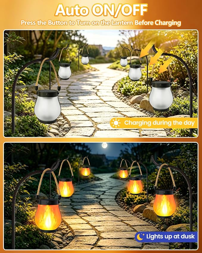 6 Pack Solar Lanterns Outdoor Waterproof, Solar Flame Lanterns with 2 Modes | Ultra-Real Flame, USB/Solar Charging, IP65 Waterproof, Hanging/Table Solar Lights Outdoor for Tree Garden Porch Yard Patio