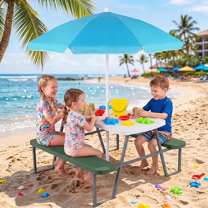 Costzon Kids Picnic Table, Toddler Outdoor Table & Bench Set with Removable Umbrella, HDPE Tabletop, Metal Frame, Kids Outdoor Furniture for Patio Backyard Garden, Fits 4 Children Age 3+ (Green)