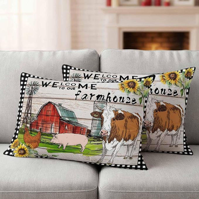 Outdoor Waterproof Pillow Covers 20x12Inch Farmhouse Animal Barn Chicken Pig Cow Throw Pillowcases for Patio Garden Couch Sofa Retro Wood Grain Farm Scene Decorative Cushin Case,Pack of 2