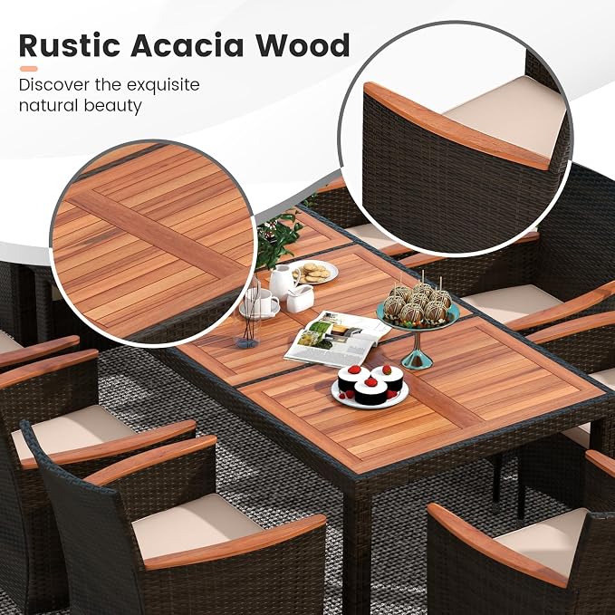 Tangkula 11 Pieces Patio Dining Set with 15ft Double-Sided LED Patio Umbrella (Base Included), Outdoor Rattan Furniture Set with 8 Stackable Chairs, Acacia Wood Dining Table and Umbrella (Gray)