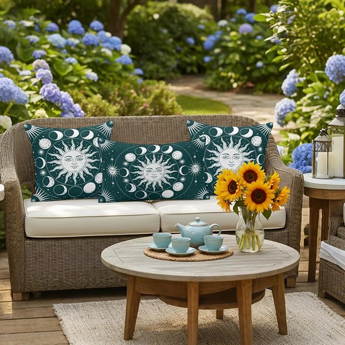 Celestial Sun and Moon Waterproof Outdoor Pillow Covers Set of 2 Home Decor, Green Starry Galaxy Boho Pillowcase Patio Pillow Covers for Couch Bench Patio Furniture Garden 24x24in