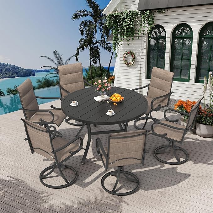 MELLCOM 47.4'' Round Outdoor Dining Table for 4-6, Metal Patio Dining Table with Umbrella Hole, All-Weather Black Table for Porch, Garden, Backyard, Poolside, Lawn