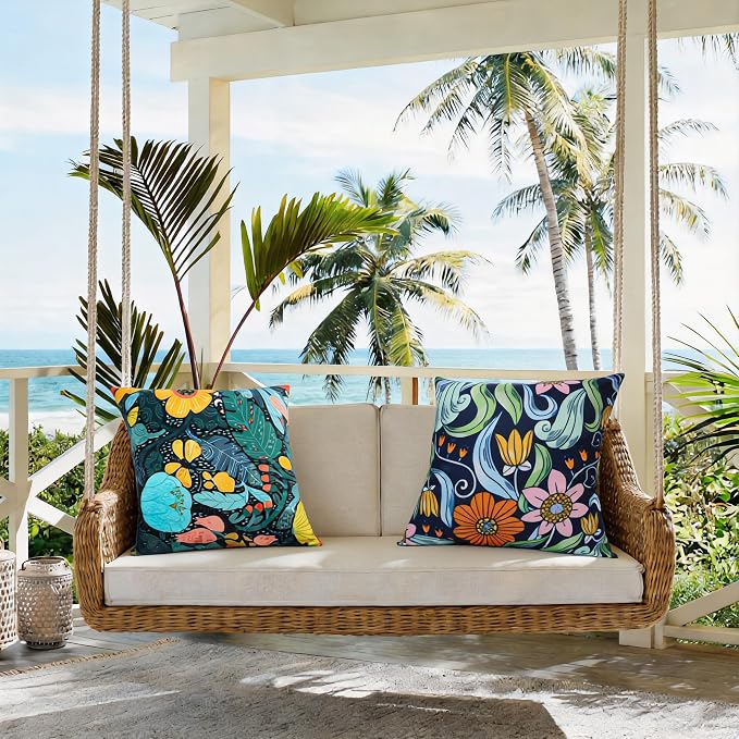 Outdoor Pillow Covers Waterproof Cushion Covers Patio Pillows Case 2 Pack | 18x18inch,Printed Boho Flowers,Seamless,Hidden Zipper,Machine Washable,Perfect decoration for Porch,Patio,Balcony