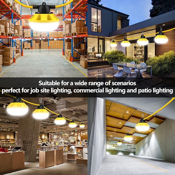 50FT Construction String Lights LED Industrial Grade Free for Climbing Hook | Best for Construction Sites, Renovation, Walkways,Patio,Mine cave, Outdoor, and Other Outdoor Lighting Solutions Use