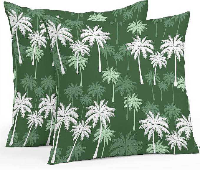 Throw Pillow Covers 18x18 Inch Set of 2, Tropical Palm Tree Waterproof Outdoor Pillow Covers, Green White Plants Coastal Leaf Beach Decorative Cushion Pillowcases for Couch, Sofa, Bed, Garden, Patio