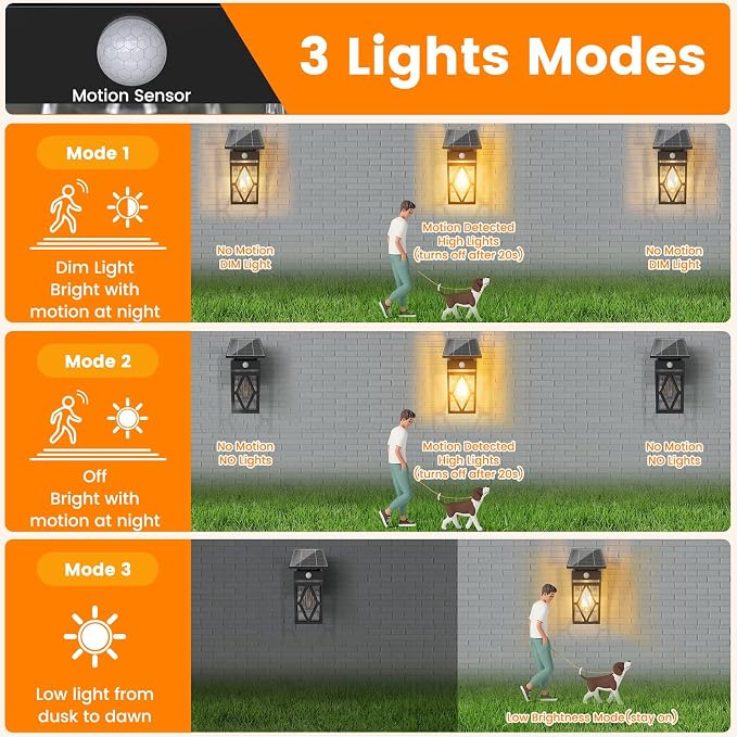 2 Pack Solar Porch Lights Outdoor with Dusk-to-Dawn Motion Sensor | 200LM 3000K Warm White, E26 ST58 Bulb, Classic Lantern Design, 3 Lighting Modes, IP65 Waterproof for Porch, Garage & Patio