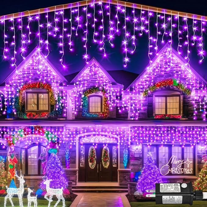 66ft Purple Christmas Lights Outdoor, 640 LED Icicle Lights for Outside Indoor Twinkle Lights with Connectable Clear Wire 8 Modes Timer Waterproof for House Party Tree Holiday Yard Decorations