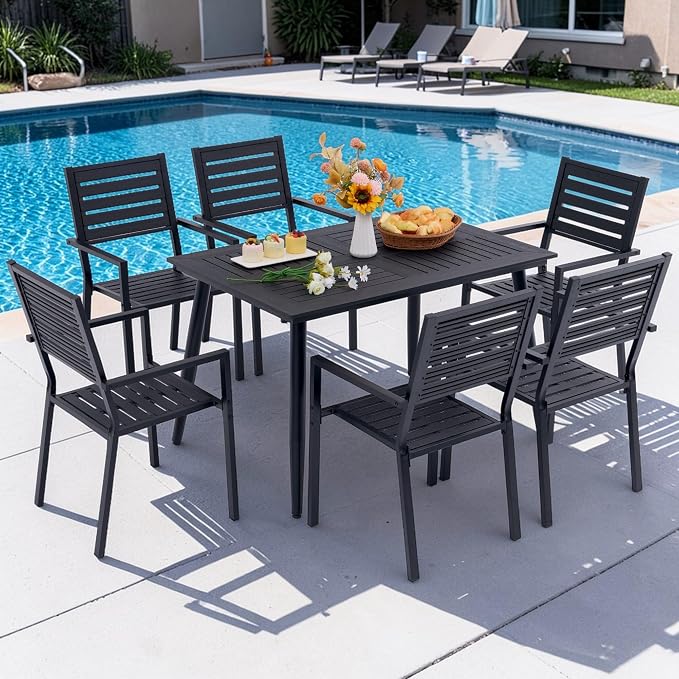 7-Piece Outdoor Dining Set - All-Weather HDPE Patio Table and 6 Stackable Chairs with Rust-Proof Steel Frame, Space-Saving Patio Furniture Set for Backyard (Black)