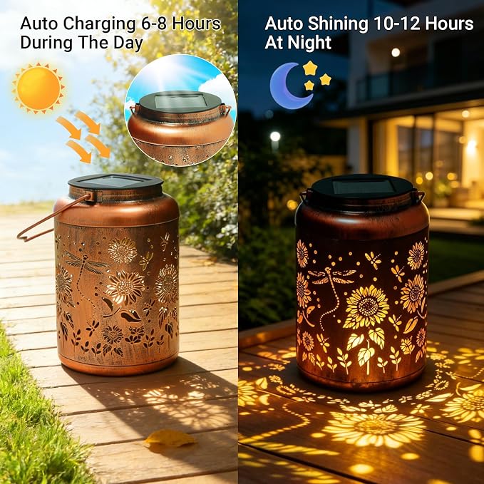 2 Pack Waterproof Dragonfly Solar Lantern Outdoor Hanging Garden Light | Colorful LED metal Dragonfly lantern; durable, waterproof outdoor decor perfect for patio, yard, or as a gift for women