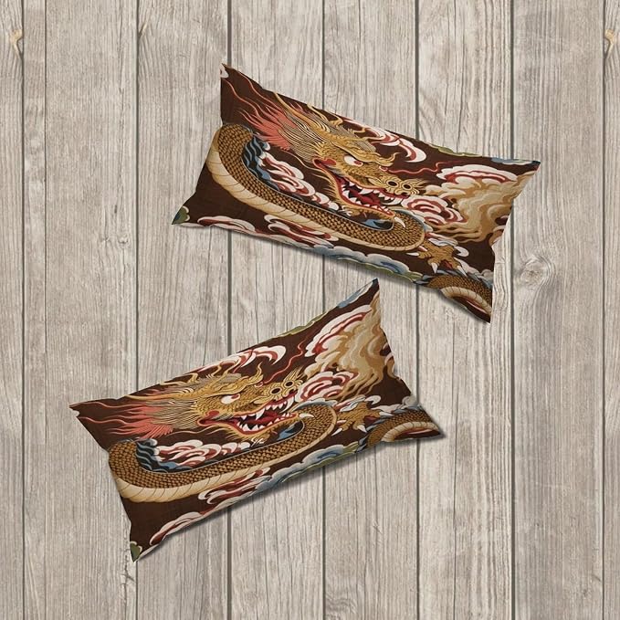 Set of 2 Chinese Oriental Style Asian Dragon Gold Pillow Covers 12x24in Farmhouse Canvas Cushion Covers Outdoor for Couch Chair Home Decor for Family Friends