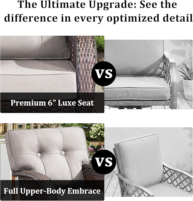 7 PCS Patio Furniture Set with Fire Pit Table, Outdoor Sectional Sofa Couch with Rocking Swivel Chairs 5" Deep Seat Chairs, Modern Wicker Rattan Conversation Set, Beige/Brown Wicker