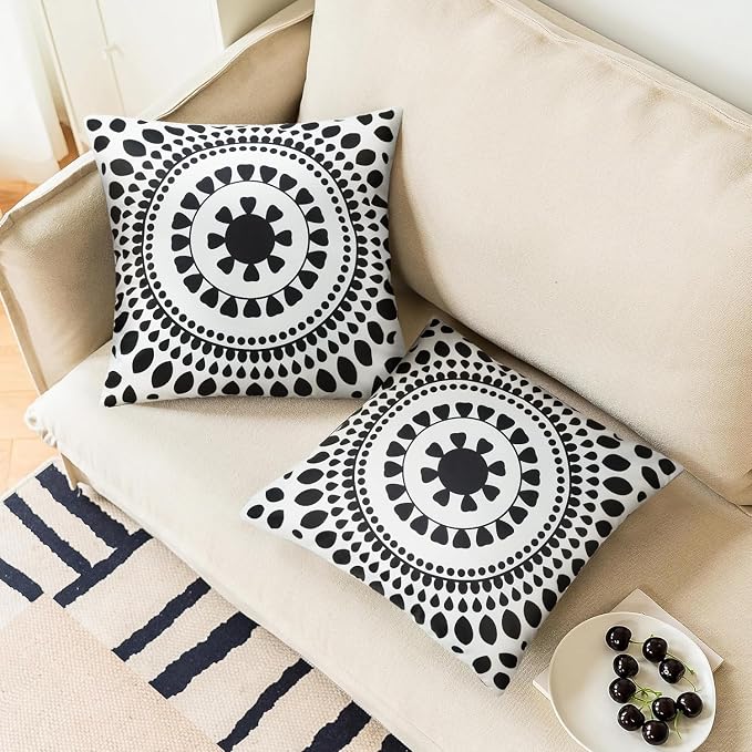 Merrycolor Set of 2 Outdoor Waterproof Throw Pillow Covers 20 * 20Inch Black and White Pillow Covers Floral Decorative Square Pillowcases Farmhouse Boho Outdoor Pillows for Patio Furniture