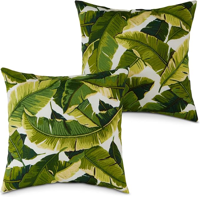 South Pine Porch Outdoor 17-inch Square Accent Pillow (Set of 2), Palm Leaves White