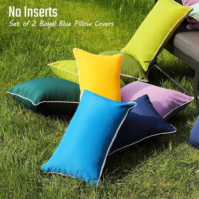 JOJOGOGO Royal Blue Outdoor Lumbar Pillow Covers 12x20 Waterproof Set of 2, Lake Blue Spring Summer Sunproof Outdoor Lumbar Pillows 12 x 20 for Patio Furniture Garden Bench (with White Piping)