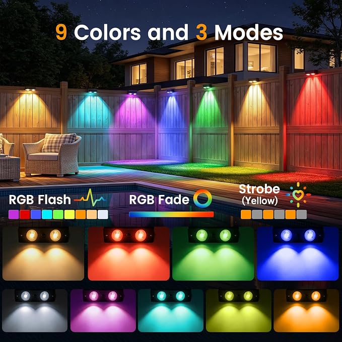 Bridika Solar Fence Lights Outdoor with Remote, L-Shaped Design, Black 12 | Remote sync all lights, 9 Colors & 3 modes, LED, IP65 waterproof, Dusk to dawn, for fence/deck/patio/stairs/railing/wall