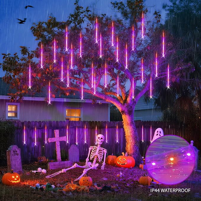 JMEXSUSS Orange and Purple Solar Halloween Lights Outdoor | 8 Tube 144 LEDs Solar Meteor Shower Rain Lights for Halloween Tree Yard Party Patio Christmas Decoration